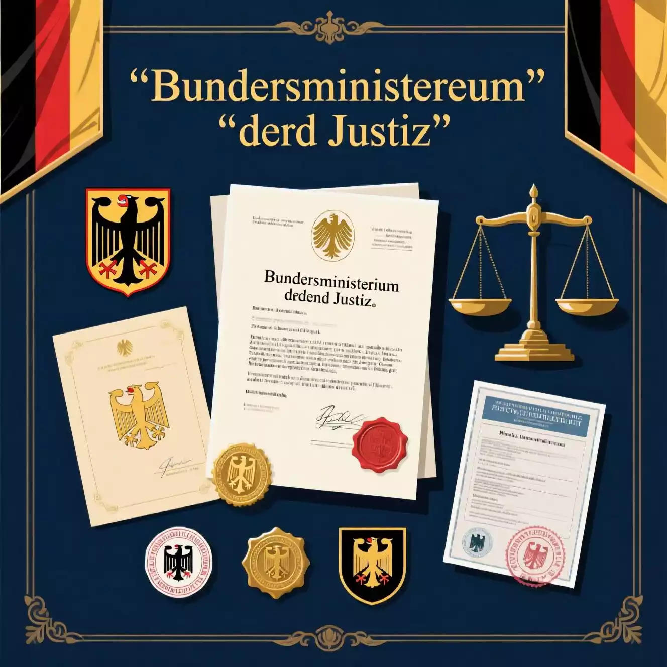 Professionelle Illustration mit deutschen Rechtsdokumenten, Waage der Gerechtigkeit und Lizenzierungssymbolen