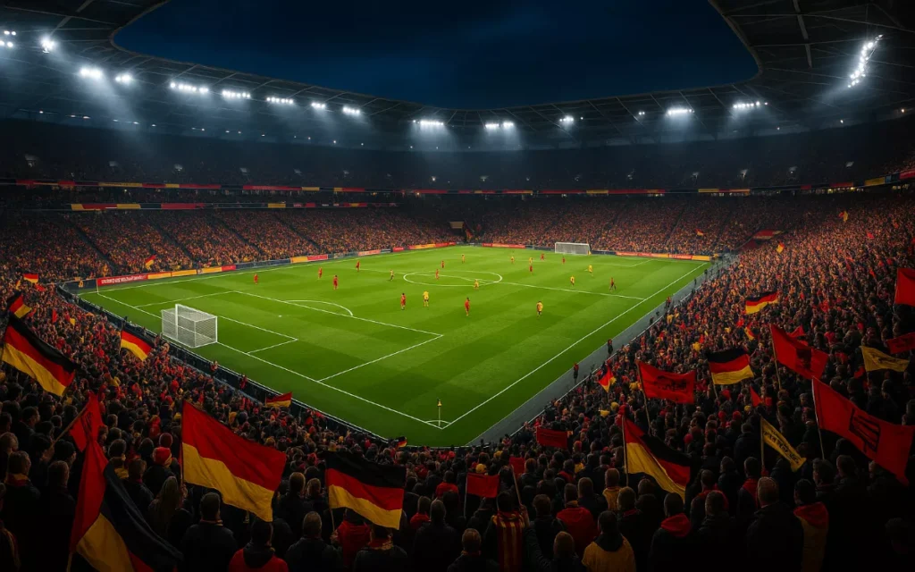 Bundesliga Stadion mit voller Atmosphäre und Fans während eines wichtigen Spiels für Handicap Wetten Analyse